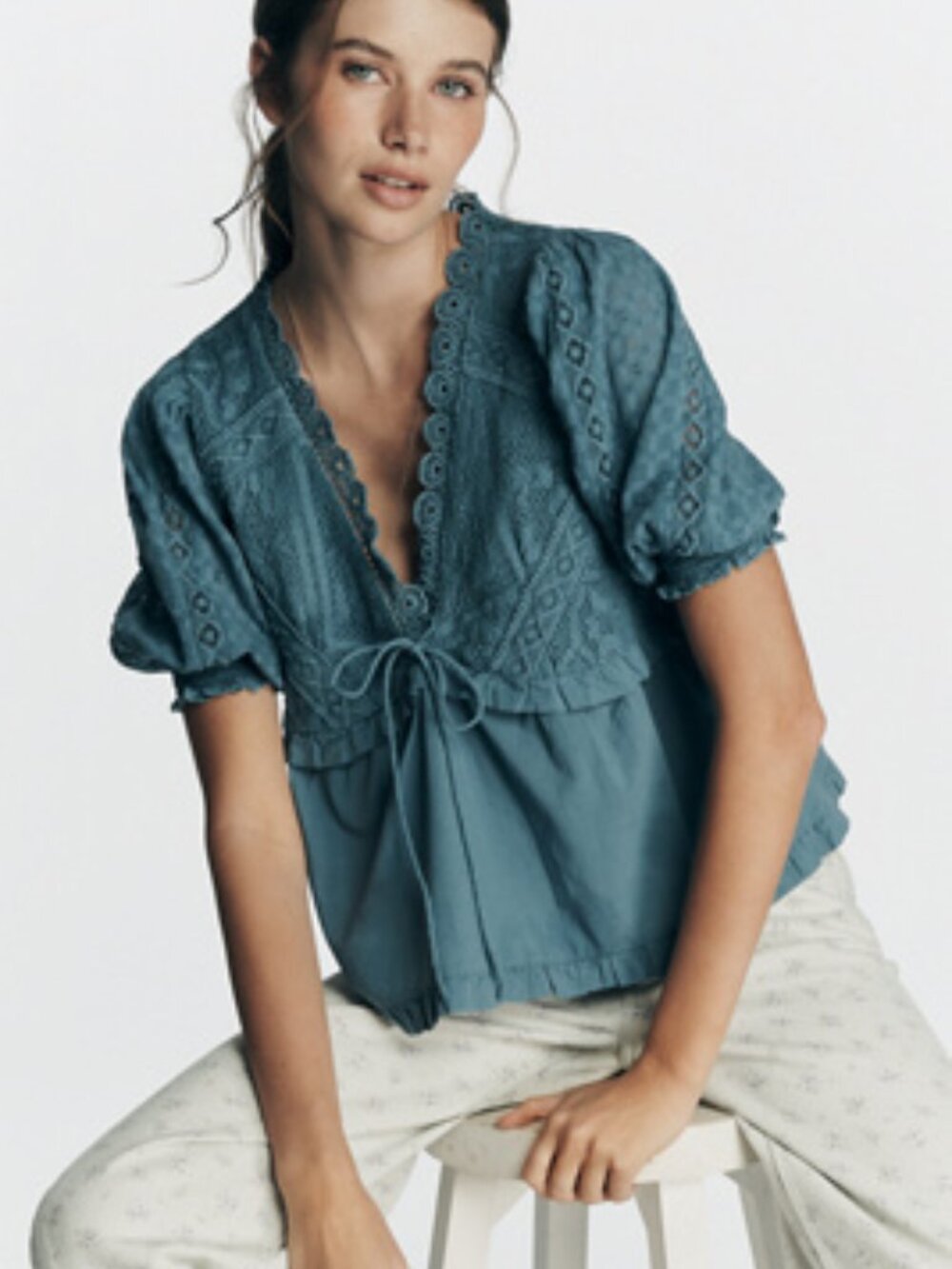 Anthropologie Dusty Blue Crochet Tie-Front Blouse